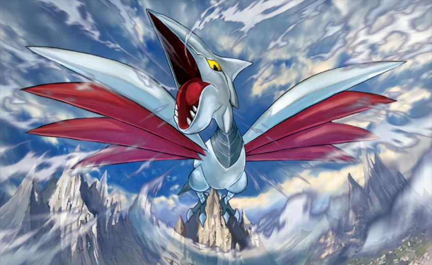 anesaki_dynamic bird bird_focus creature flying gen_2_pokemon looking_at_viewer no_humans official_art pokemon pokemon_(creature) pokemon_trading_card_game skarmory solo third-party_source yellow_eyes