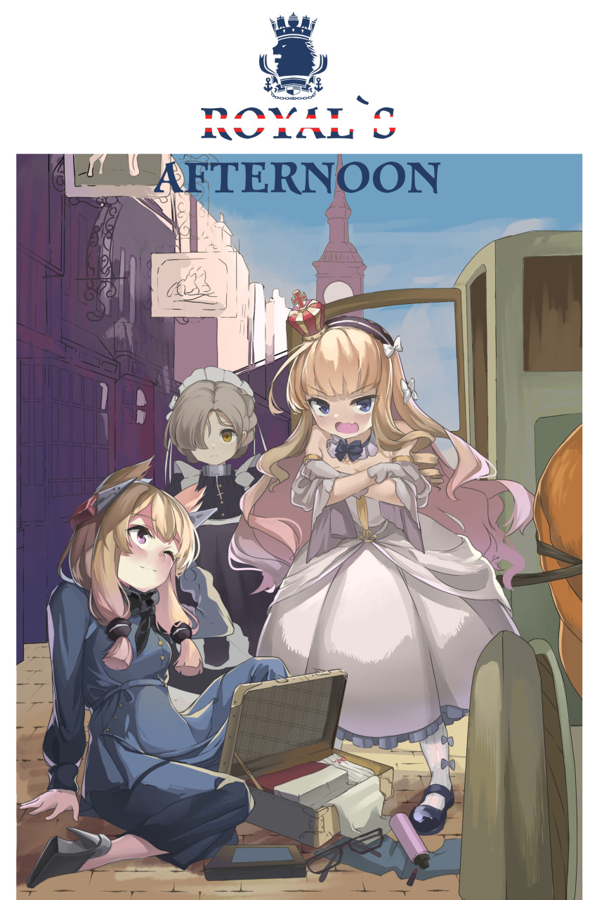 3girls absurdres azur_lane bare_shoulders black-framed_eyewear black_footwear blonde_hair blue_eyes blush book bow brown_hair building carriage closed_mouth cloud commentary crossed_arms crown day dress drill_hair english_commentary english_text eyebrows_visible_through_hair fang glasses gloves hair_bow hair_over_one_eye hairband high_heels highres light_smile lipstick_tube long_hair looking_at_another looking_at_viewer maid maid_headdress mary_janes mini_crown multiple_girls on_ground open_mouth outdoors purple_eyes queen_elizabeth_(azur_lane) sakurami_sumi sheffield_(azur_lane) shoes sidelocks sitting sky standing suitcase v-shaped_eyebrows very_long_hair warspite_(azur_lane) white_bow white_dress white_gloves white_legwear