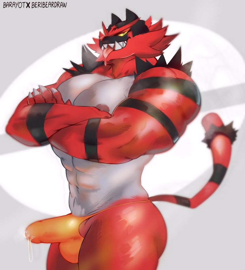 2020 anthro balls barayot beribeardraw black_body bodily_fluids bulge clothing crossed_arms drooling felid feline fur genital_fluids genital_outline genitals grin hi_res humanoid_genitalia humanoid_penis incineroar looking_at_viewer male mammal muscular muscular_male nintendo nipples pecs penis penis_outline pok&eacute;mon pok&eacute;mon_(species) precum precum_drip precum_through_clothing red_body red_fur saliva sharp_teeth simple_background smile teeth tongue tongue_out video_games wet wet_clothing yellow_sclera