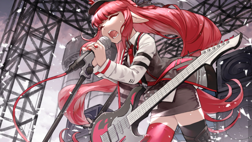 1girl aoi_tsunami arknights black_skirt braid closed_eyes collared_shirt commentary cowboy_shot electric_guitar fangs guitar highres instrument long_hair long_sleeves microphone microphone_stand miniskirt mismatched_legwear music nail_polish necktie open_mouth plectrum pointy_ears red_hair shirt sidelocks singing skirt solo sweat thighhighs very_long_hair vigna_(arknights) white_shirt