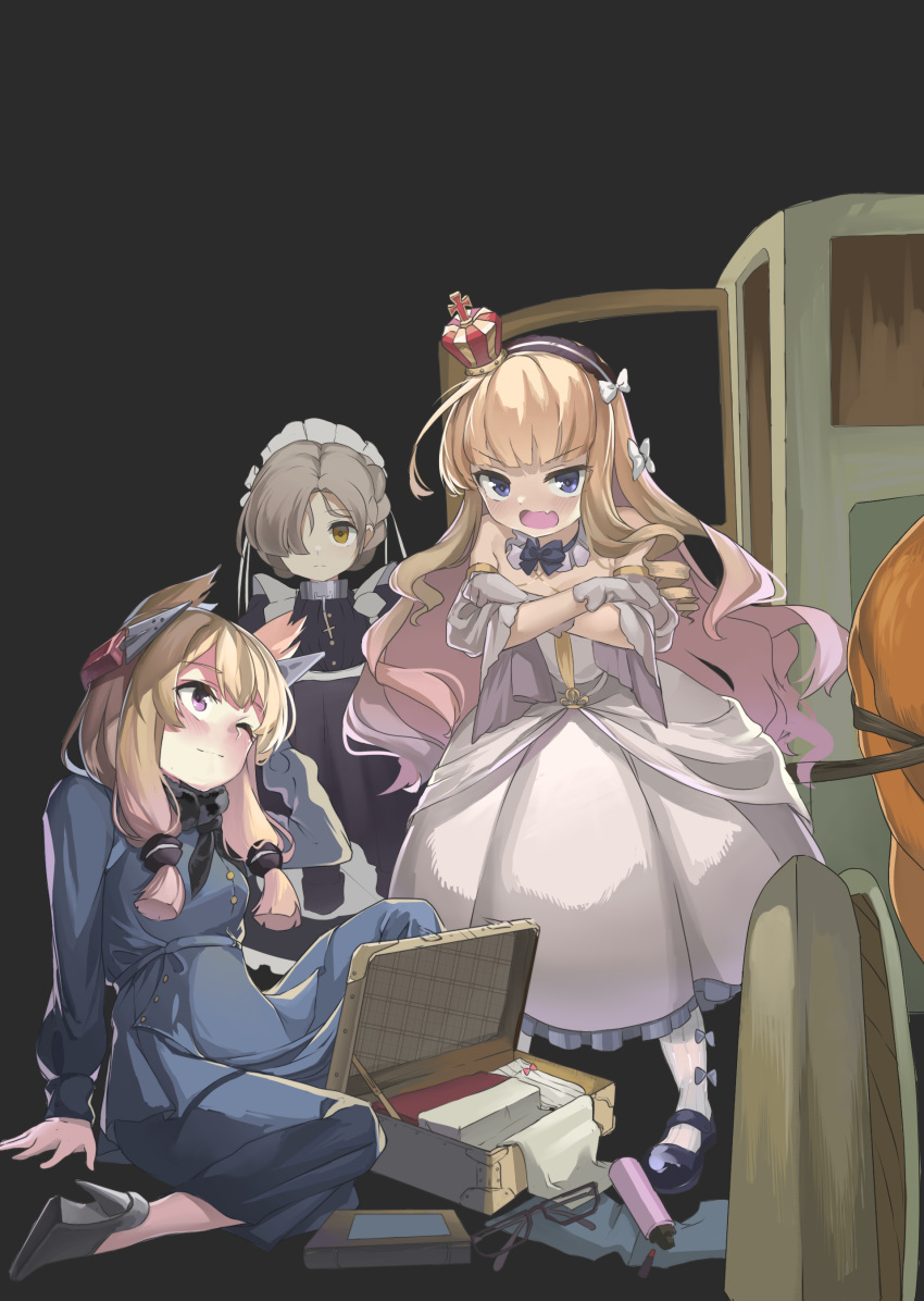 3girls absurdres azur_lane bare_shoulders black-framed_eyewear black_background black_footwear blonde_hair blue_eyes blush book bow brown_hair carriage closed_mouth crossed_arms crown dress drill_hair eyebrows_visible_through_hair fang glasses gloves hair_bow hair_over_one_eye hairband high_heels highres light_smile lipstick_tube long_hair looking_at_another looking_at_viewer maid maid_headdress mary_janes mini_crown multiple_girls open_mouth purple_eyes queen_elizabeth_(azur_lane) sakurami_sumi sheffield_(azur_lane) shoes sidelocks simple_background sitting standing suitcase v-shaped_eyebrows very_long_hair warspite_(azur_lane) white_bow white_dress white_gloves white_legwear