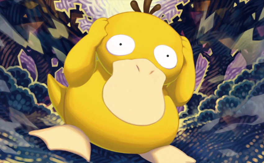 bird bird_focus black_eyes creature full_body gen_1_pokemon hands_on_own_head looking_at_viewer nagimiso no_humans official_art pokemon pokemon_(creature) pokemon_trading_card_game psyduck solo standing third-party_source