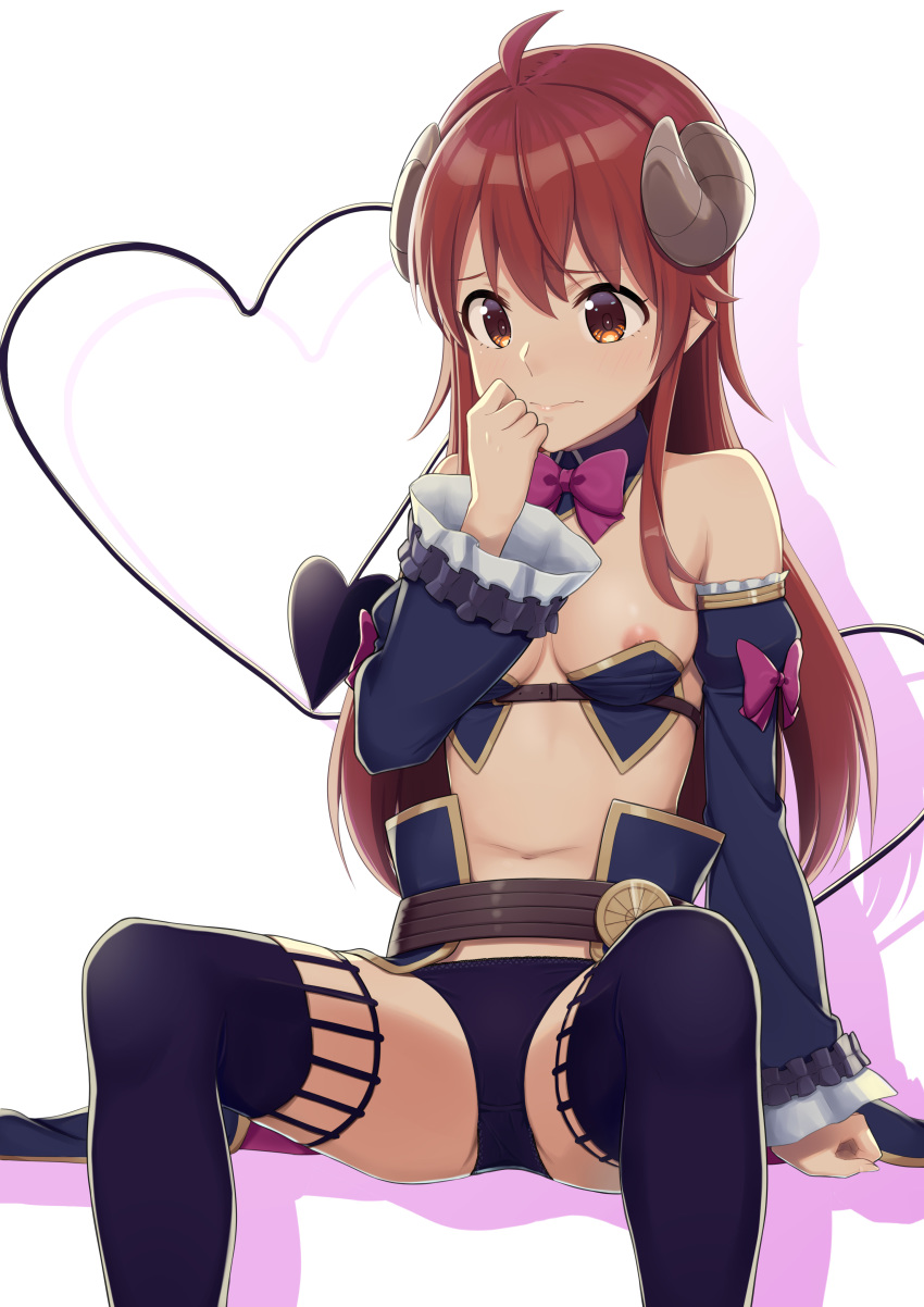 1girl absurdres ahoge armor bare_shoulders bikini_armor black_legwear black_panties blush bow bowtie breasts brown_eyes brown_hair closed_mouth demon_girl demon_horns demon_tail eyebrows_visible_through_hair highres horns k-ya. long_hair machikado_mazoku medium_breasts navel nipple_slip nipples panties pink_neckwear shadow shiny shiny_hair shiny_skin simple_background solo spread_legs tail thighhighs underwear white_background yoshida_yuuko_(machikado_mazoku)