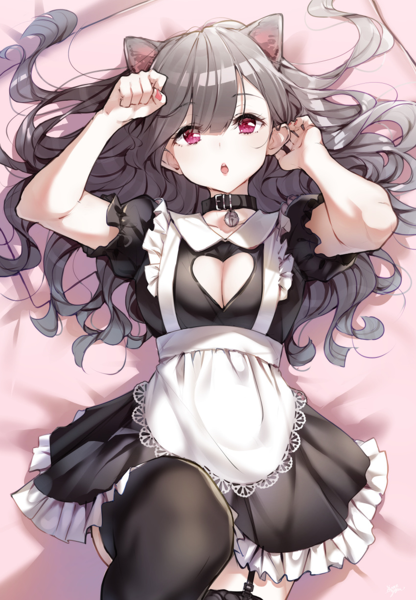 1girl absurdres animal_ears apron arm_up bed_sheet black_dress black_legwear breasts cat_day cat_ears cleavage cleavage_cutout collared_dress commentary_request dress frilled_dress frills garter_straps grey_hair hand_up highres long_hair looking_at_viewer lying maid medium_breasts nail_polish on_back original parted_lips puffy_short_sleeves puffy_sleeves purple_eyes red_nails short_sleeves solo takenoko_no_you thighhighs upper_teeth very_long_hair white_apron