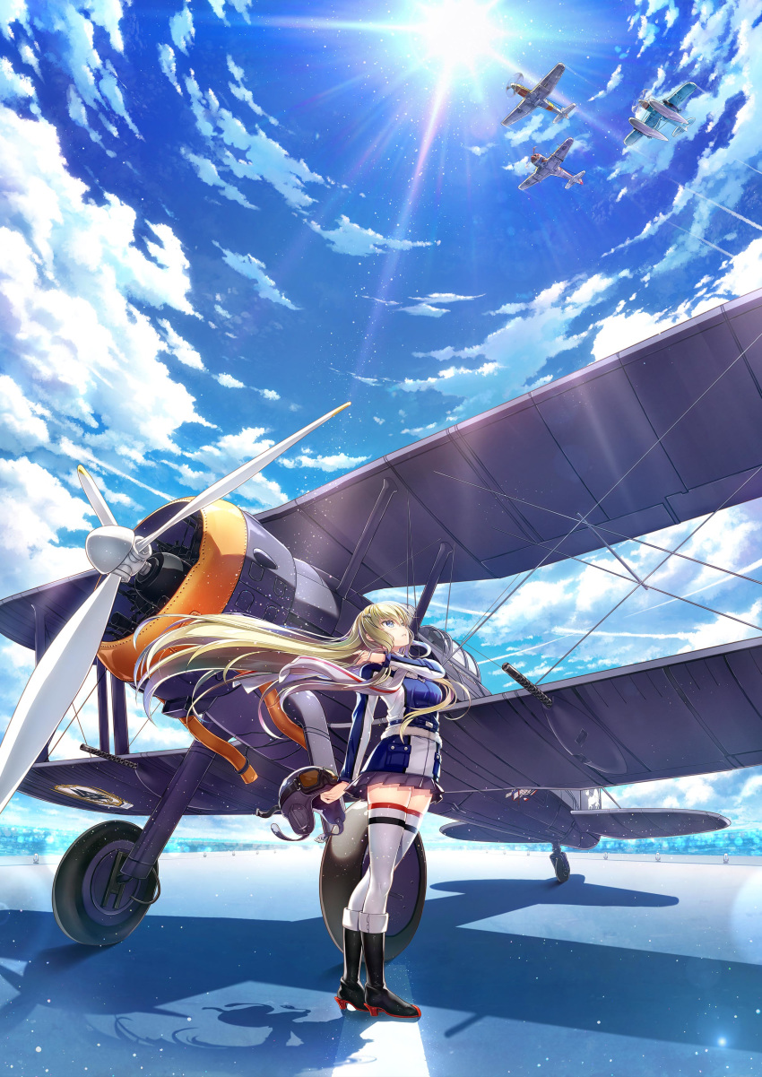 1girl absurdres aircraft airplane biplane black_footwear blonde_hair blue_eyes blue_sky boots cloud fujima_takuya goggles goggles_on_headwear gun headwear_removed helmet helmet_removed high_heel_boots high_heels highres horizon jacket key_visual knee_boots long_hair long_sleeves looking_away looking_up machine_gun miniskirt ocean official_art pleated_skirt propeller scarf seaplane shadow skindentation skirt sky solo standing sun sunlight thighhighs very_long_hair weapon white_legwear zettai_ryouiki