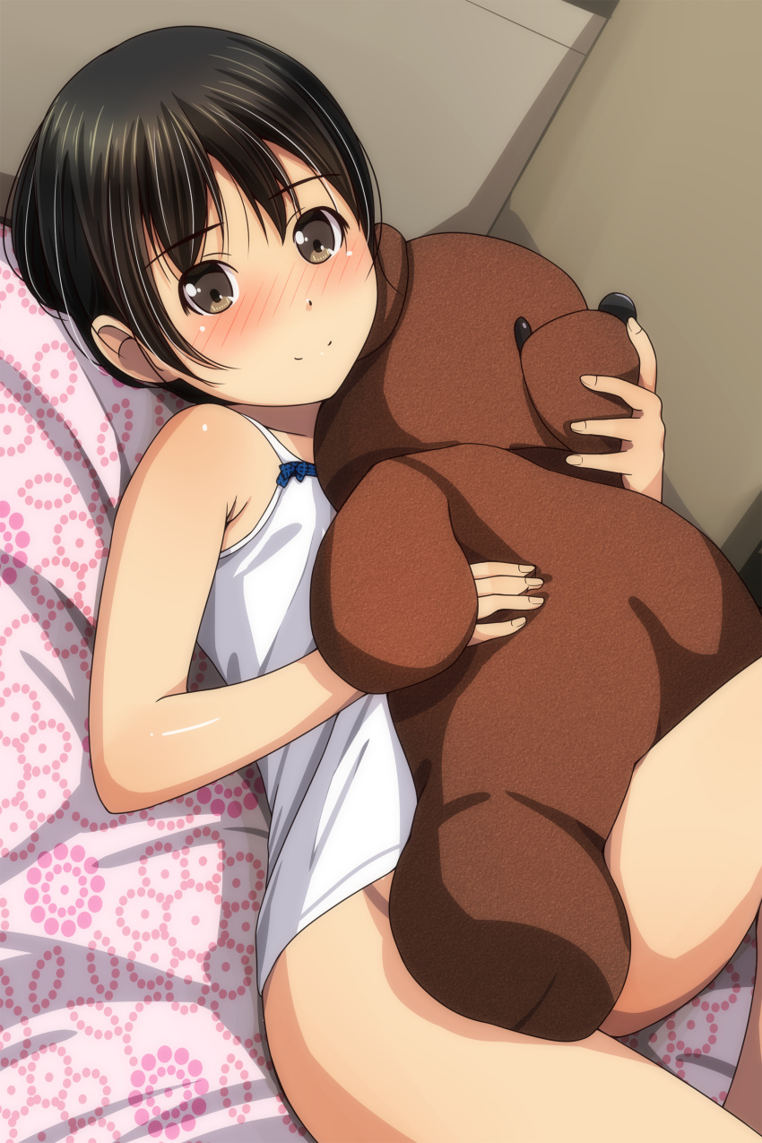 1girl absurdres bangs black_hair blush bottomless brown_eyes camisole closed_mouth dutch_angle eyebrows_visible_through_hair highres holding holding_stuffed_animal knee_up lying matsunaga_kouyou nose_blush on_back original smile solo stuffed_animal stuffed_toy teddy_bear underwear underwear_only white_camisole