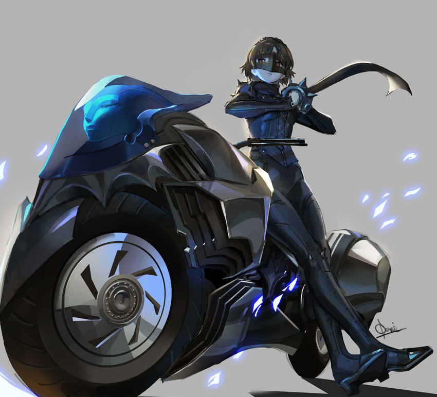 1girl artist_name black_bodysuit bodysuit brass_knuckles brown_hair closed_mouth full_body gloves glowing grey_background looking_away looking_to_the_side mask niijima_makoto persona persona_5 qosic red_eyes serious short_hair shoulder_spikes signature simple_background sitting solo spikes v-shaped_eyebrows weapon white_gloves