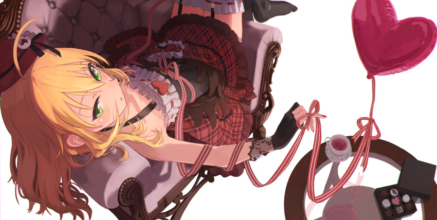 1girl ahoge armpits balloon black_gloves blonde_hair blush chair dress epitaph_(1122) from_above garter_straps glass_table gloves green_eyes hat highres hoshii_miki idolmaster idolmaster_(classic) long_hair looking_at_viewer lying nail_polish on_back on_chair parted_lips partly_fingerless_gloves red_dress red_headwear red_nails simple_background sleeveless solo table thighhighs white_background