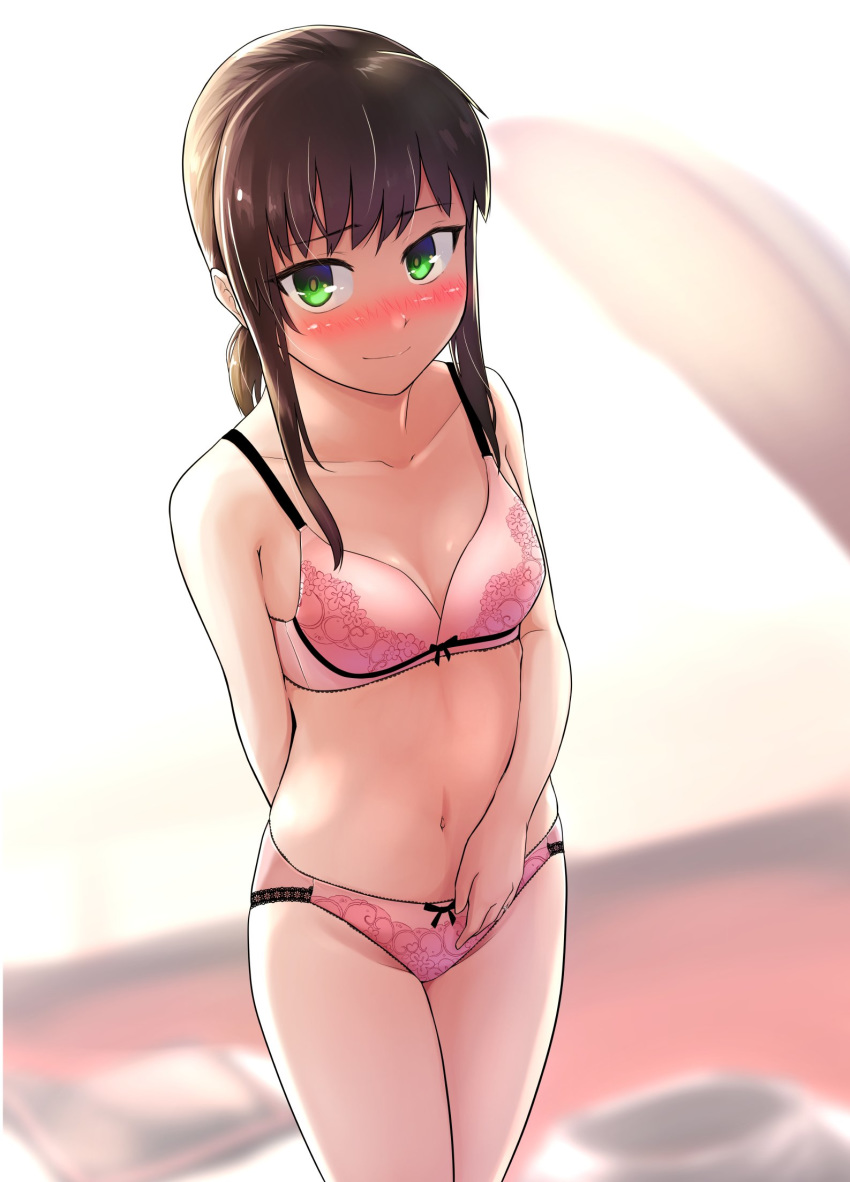 1girl black_hair blurry bra breasts chaigidhiell cleavage clothes_removed commentary_request cowboy_shot depth_of_field fubuki_(kantai_collection) green_eyes highres kantai_collection long_hair looking_at_viewer low_ponytail panties pink_bra pink_panties ponytail short_ponytail sidelocks small_breasts smile solo standing underwear underwear_only
