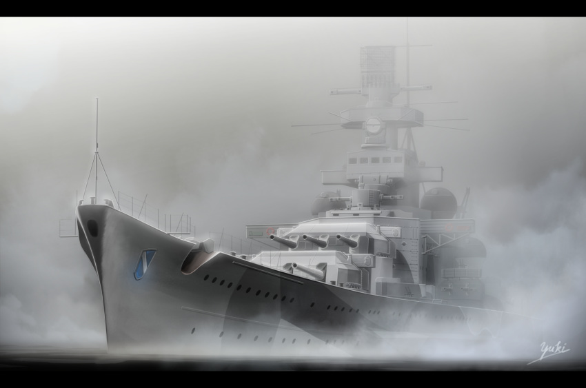 battleship cannon fog germany highres kriegsmarine military military_vehicle no_humans ocean original outdoors scharnhorst ship shiro_yukimichi turret warship watercraft world_war_ii