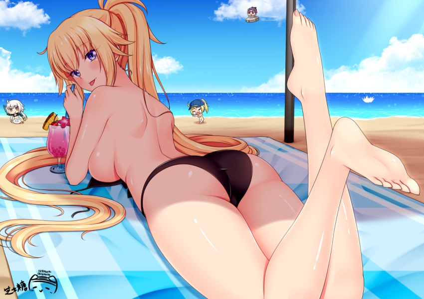 4girls :p artoria_pendragon_(all) ass barefoot beach blonde_hair blue_sky breasts cloud day fate/grand_order fate_(series) helena_blavatsky_(fate/grand_order) jeanne_d'arc_(alter_swimsuit_berserker) jeanne_d'arc_(fate)_(all) jeanne_d'arc_(swimsuit_archer) long_hair looking_at_viewer lying medium_breasts multiple_girls mysterious_heroine_xx_(foreigner) ocean on_stomach one-piece_swimsuit outdoors ponytail ppshex purple_eyes sand sky swimsuit tongue tongue_out