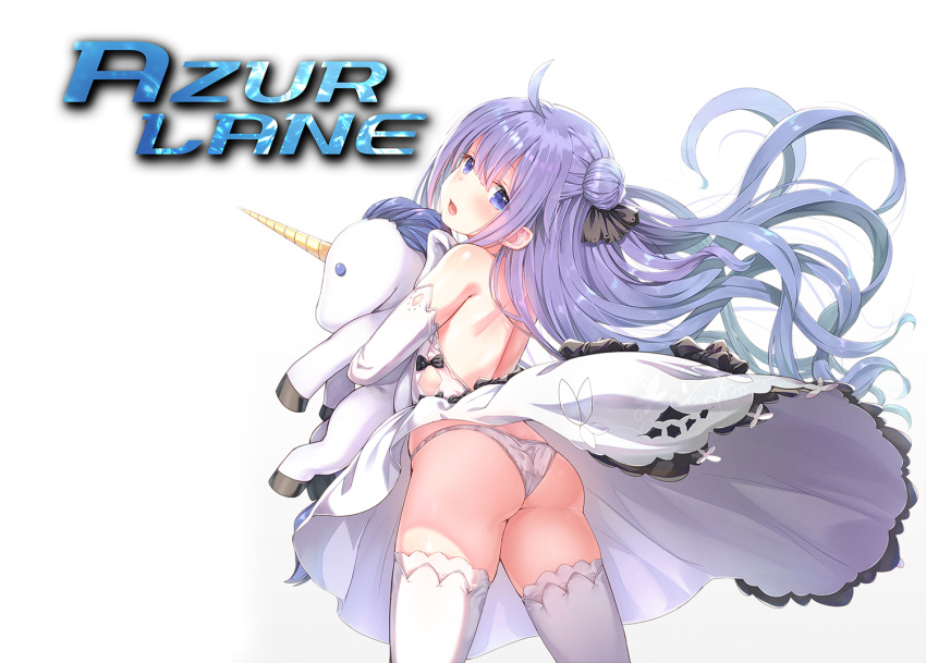 1girl ahoge ass azur_lane bare_back black_ribbon blue_eyes commentary_request copyright_name dress from_behind hair_bun hair_ribbon holding holding_stuffed_animal long_hair looking_at_viewer odadadada open_mouth panties purple_hair ribbon simple_background solo standing stuffed_animal stuffed_toy stuffed_unicorn thighhighs underwear unicorn_(azur_lane) white_background white_dress white_legwear white_panties