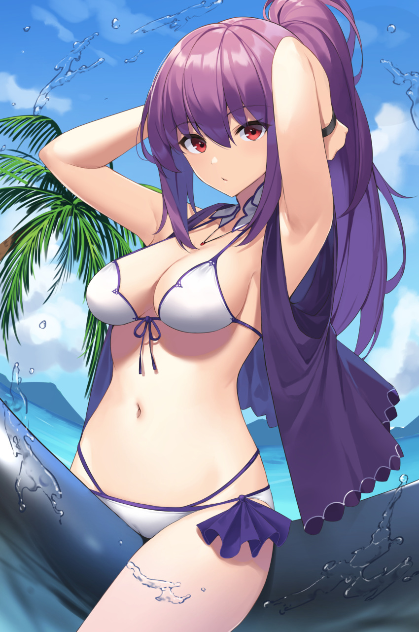 1girl alternate_costume arms_up bangs bikini blue_sky breasts cleavage day fate/grand_order fate_(series) front-tie_bikini front-tie_top hair_between_eyes highres inflatable_toy looking_at_viewer mountainous_horizon navel ocean outdoors palm_tree phano_(125042) ponytail purple_hair purple_ribbon red_eyes ribbon scathach_(fate)_(all) scathach_skadi_(fate/grand_order) sky splashing swimsuit tiara tree vest