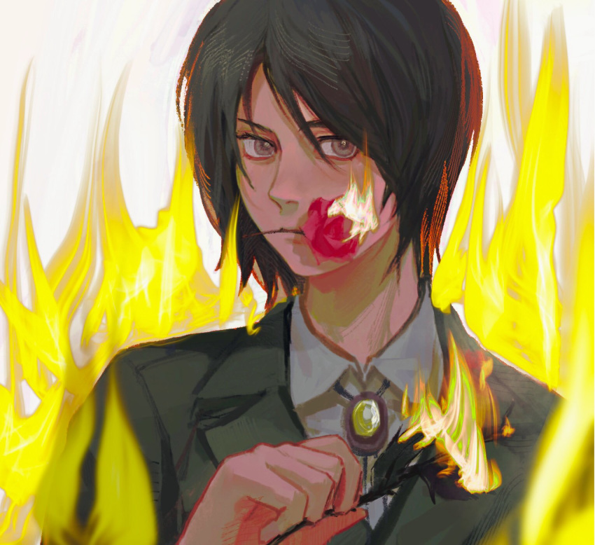 1boy black_hair brown_hair c10551 eren_yeager fire flower flower_in_mouth formal highres holding holding_flower jacket jewelry male_focus medium_hair necklace rose shingeki_no_kyojin short_hair silver_eyes solo suit white_background