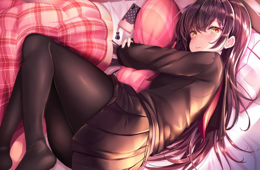 1girl ass bangs bed_sheet black_legwear black_serafuku black_shirt black_skirt blanket blush cellphone charm_(object) closed_mouth commentary_request eyebrows_visible_through_hair from_above hair_ornament hairclip haruka_natsuki long_hair long_sleeves looking_at_viewer lying miniskirt on_bed on_side original pantyhose phone pillow pillow_hug pink_sailor_collar pleated_skirt purple_hair sailor_collar school_uniform serafuku shirt skirt smartphone solo very_long_hair yellow_eyes