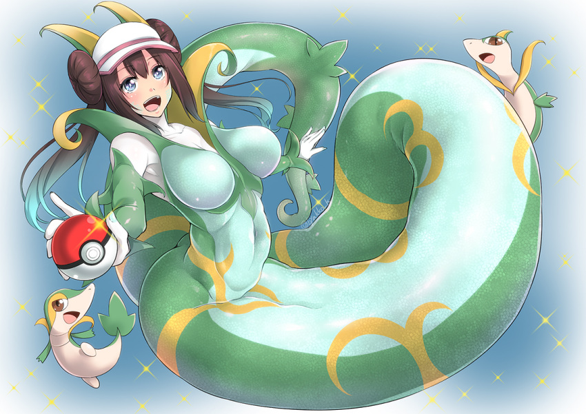 1girl :d armpits bangs bare_shoulders blue_background blue_eyes breasts brown_hair cleavage collarbone commentary_request detached_sleeves double_bun eyebrows_visible_through_hair full_body gen_5_pokemon glint gradient_hair green_hair green_sleeves hair_between_eyes holding holding_poke_ball kirisaki_byakko lamia large_breasts long_hair looking_at_viewer mei_(pokemon) monster_girl monsterification multicolored_hair navel open_mouth pale_skin poke_ball poke_ball_(generic) pokemon pokemon_(creature) pokemon_(game) pokemon_bw2 scales serperior servine sidelocks smile snivy sparkle tongue twintails twitter_username upper_teeth very_long_hair visor_cap