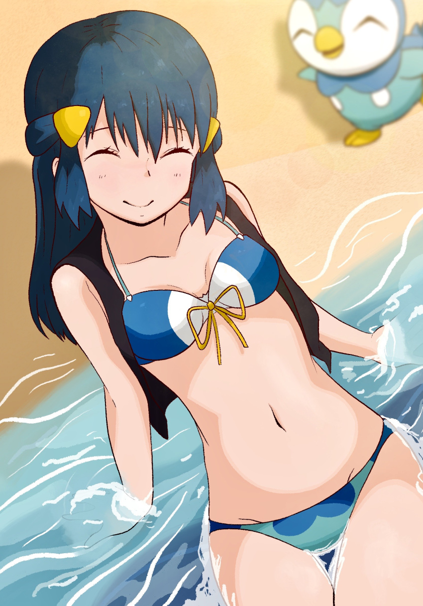 1girl 1other bikini black_vest blue_bikini blue_hair blurry breasts closed_eyes commentary_request cowboy_shot depth_of_field english_commentary front-tie_top gen_4_pokemon hair_ornament hairclip highres hikari_(pokemon) idafkun long_hair mixed-language_commentary piplup pokemon pokemon_(anime) pokemon_(creature) sand small_breasts smile swimsuit vest waves