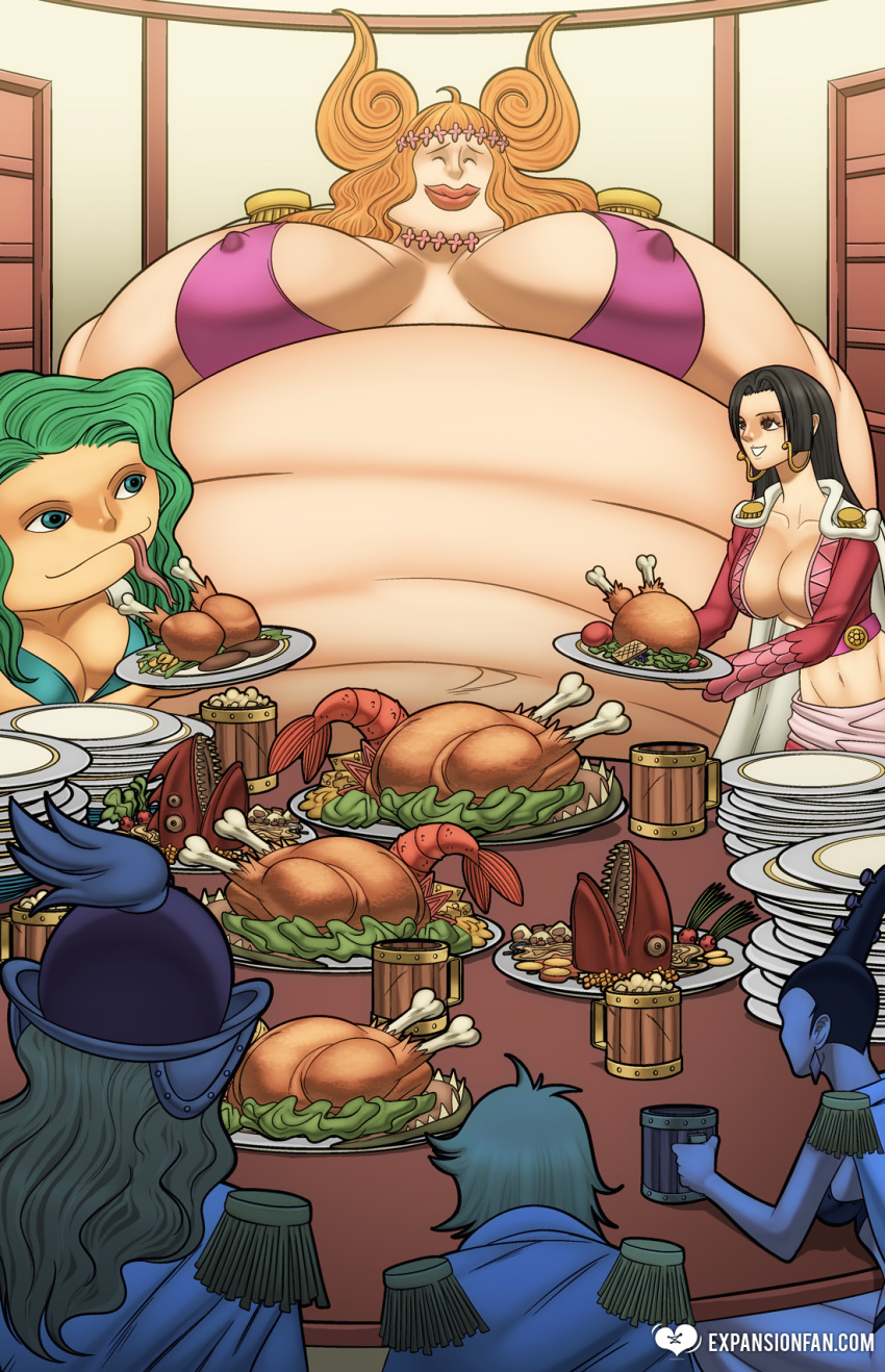 big_breasts black_hair boa_hancock boa_marigold boa_sandersonia breasts cleavage clothed clothing expansion-fan-comics female food green_hair group hair hi_res human human_focus mammal nipples not_furry not_furry_focus one_piece orange_hair overweight overweight_female plates size_difference stuffing