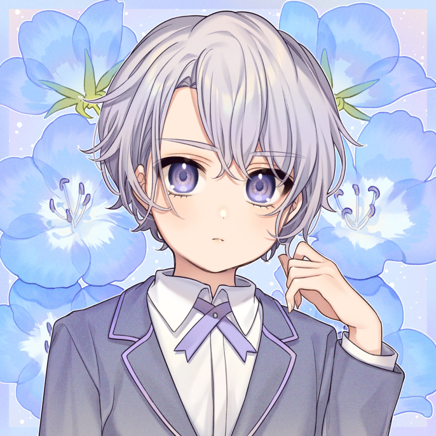 1boy bangs blue_flower blush closed_mouth collared_shirt commentary dress_shirt eyebrows_visible_through_hair floral_background flower grey_jacket hair_between_eyes hand_up jacket karokuchitose long_sleeves looking_at_viewer male_focus nemophila_(flower) original purple_eyes shirt silver_hair solo upper_body white_shirt