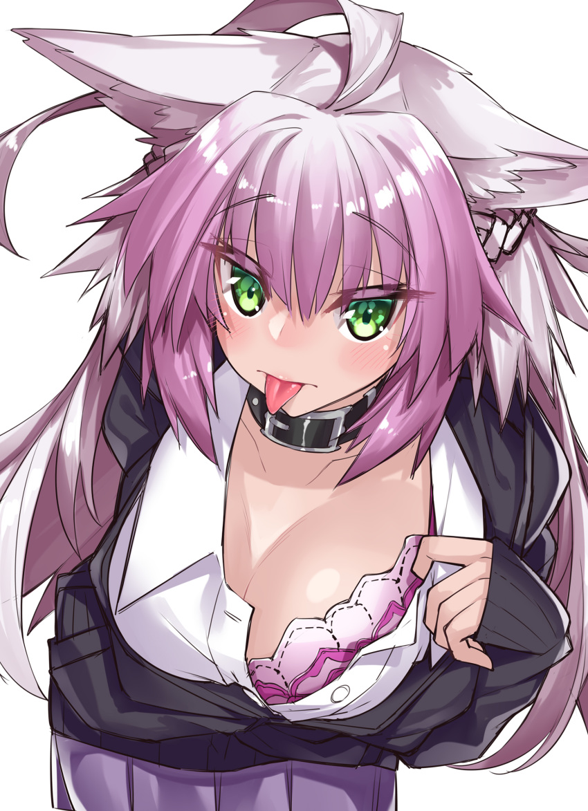 1girl ahoge alternate_costume animal_ears atalanta_(alter)_(fate) atalanta_(fate) blush bra breasts cat_ears collar eyebrows_visible_through_hair fate/apocrypha fate/grand_order fate_(series) green_eyes highres large_breasts looking_at_viewer multicolored_hair pink_bra self_exposure solo tongue tongue_out two-tone_hair unbuttoned unbuttoned_shirt underwear watosu watosu_(watosu_mama) white_background