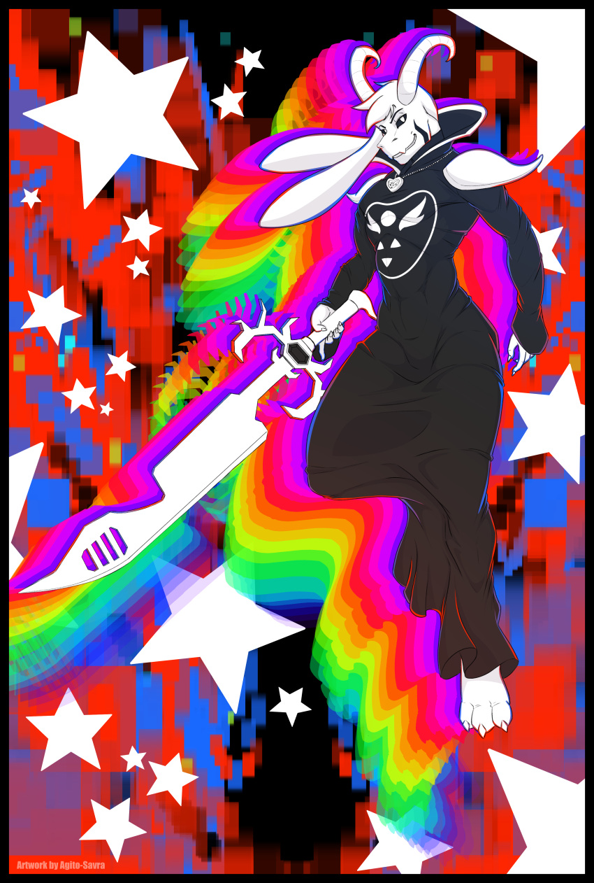 2020 abstract_background absurd_res agito-savra anthro asriel_dreemurr asriel_dreemurr_(god_form) black_sclera boss_monster bovid caprine clothed clothing delta_rune_(emblem) fur hi_res horn jewelry looking_at_viewer male mammal necklace robe signature smile solo star symbol tattoo undertale video_games white_body white_fur