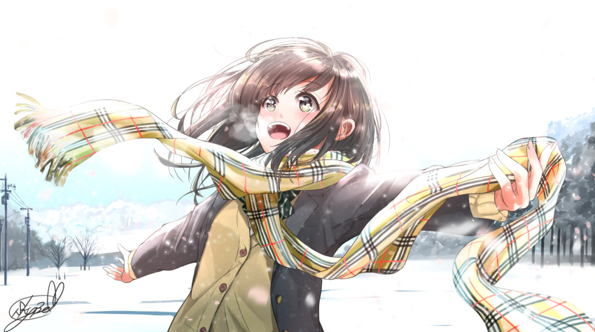 1girl black_jacket blazer blue_sky blush bow bowtie breath brown_cardigan brown_eyes brown_hair cardigan cloud commentary_request day hair_blowing highres holding_scarf jacket leaning_back looking_up medium_hair open_clothes open_jacket open_mouth original outdoors outstretched_arms plaid plaid_scarf power_lines scarf school_uniform sky snow snowing solo soragane_(banisinngurei) spread_arms striped striped_neckwear telephone_pole tree upper_body upper_teeth wind winter