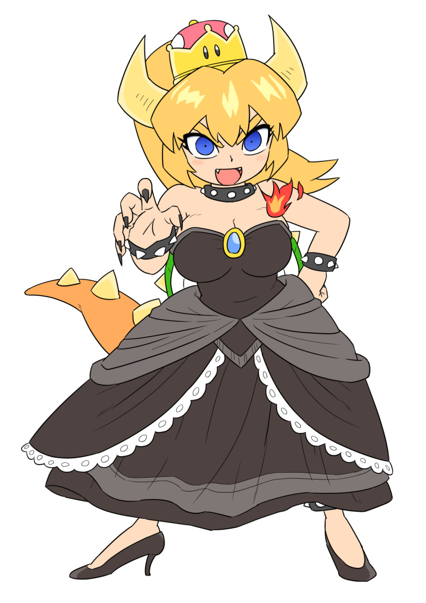 1girl black_collar black_dress blonde_hair blue_eyes blush_stickers bowsette bracelet breasts cleavage collar crown dress fangs fingernails full_body high_heels highres horns ishii_junnosuke jewelry large_breasts long_hair looking_at_viewer mario_(series) new_super_mario_bros._u_deluxe open_mouth sharp_fingernails smile solo spiked_armlet spiked_bracelet spiked_collar spiked_shell spiked_tail spikes strapless strapless_dress super_crown tail turtle_shell