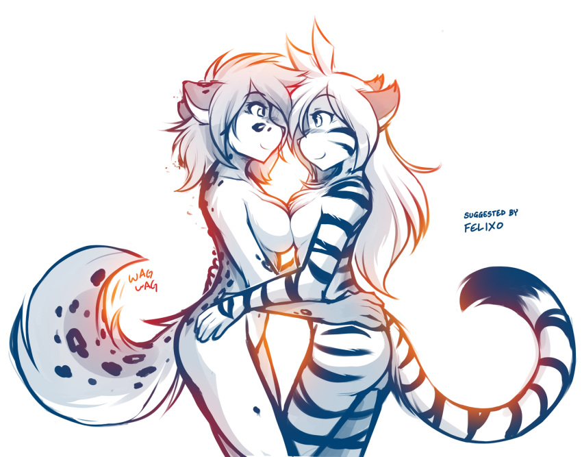 2020 anthro blush breast_size_difference breast_squish breasts breasts_frottage canid canine casual_nudity chest_tuft conditional_dnp digital_media_(artwork) duo eye_contact face_to_face felid feline felis female female/female flora_(twokinds) fur hair hand_on_hip hug hybrid kathrin_vaughan keidran looking_at_another mammal nude pantherine side_boob side_view simple_background sketch smile spots spotted_body spotted_fur squish striped_body striped_fur stripes tailwag tiger tom_fischbach tuft twokinds webcomic white_background