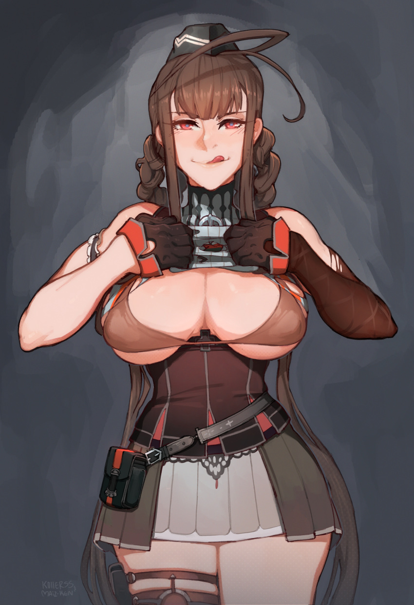 1girl absurdres ahoge arm_garter bangs bikini_top black_gloves blunt_bangs braid breasts brown_hair cleavage collaboration corset detached_sleeves dsr-50_(girls_frontline) girls_frontline gloves highres holster huge_ahoge huge_filesize jordan_smith kollerss large_breasts licking_lips lifted_by_self long_hair looking_at_viewer paid_reward patreon_reward pouch red_eyes shirt_lift single_detached_sleeve skirt sleeveless sleeveless_turtleneck solo source_request thigh_holster tongue tongue_out torn_clothes turtleneck twin_braids underboob very_long_hair