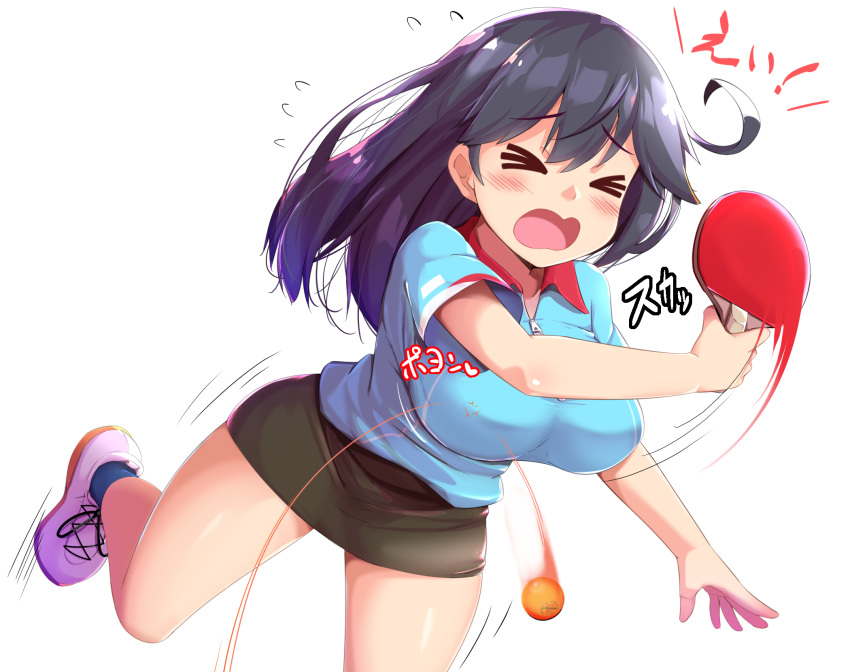 &gt;_&lt; 1girl ahoge ball black_hair black_skirt blue_shirt breasts closed_eyes failure flying_sweatdrops highres kantai_collection kurokoshou_(emuburemu123) large_breasts leaning_forward long_hair open_mouth paddle shirt simple_background skirt solo sportswear table_tennis table_tennis_ball table_tennis_paddle ushio_(kantai_collection) white_background