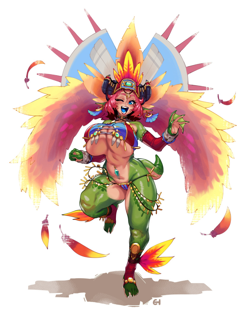 1girl ankle_wings barefoot bikini blue_eyes blue_tongue breasts carnival commentary criss-cross_halter detached_sleeves dragon_girl dragon_tail earrings eigaka english_commentary feathers full_body gem green_skin hair_feathers halter_top halterneck headdress highres huge_breasts jewelry lipstick lowleg lowleg_bikini makeup monster_girl navel_piercing nina_(eigaka) open_mouth original piercing pink_hair pointy_ears red_sleeves scales smile solo swimsuit tail thick_thighs thighs two-tone_skin underboob webbed_hands