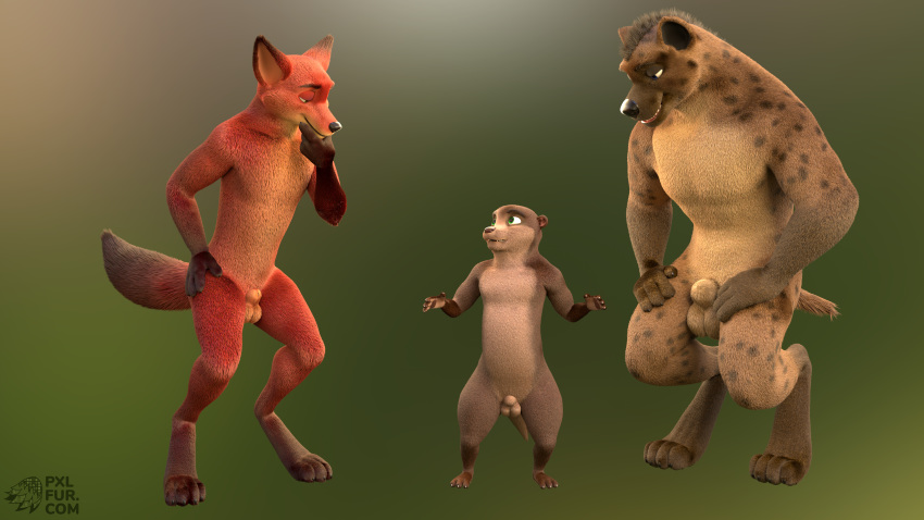 16:9 2020 3d_(artwork) 4_fingers 4k absurd_res anthro balls biped blue_eyes brown_hair canid canine digital_media_(artwork) fingers fox fur genitals gesture green_eyes hair hi_res hyaenid lutrine male mammal mohawk_(hairstyle) mustelid nude open_mouth pawpads pxlfur raised_arm simple_background size_difference smile teeth wallpaper watermark worried