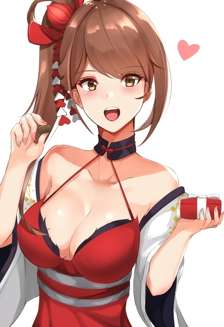 1girl absurdres azur_lane bangs bare_shoulders black_choker blush box breasts brown_hair chocolate choker cleavage collarbone detached_sleeves dress eyebrows_visible_through_hair feeding gift gift_box hair_ornament halter_dress haneramu heart highres large_breasts long_hair looking_at_viewer nail_polish open_mouth pink_nails ponytail pov_feeding red_dress side_ponytail smile solo upper_body valentine white_background wide_sleeves zuikaku_(azur_lane)