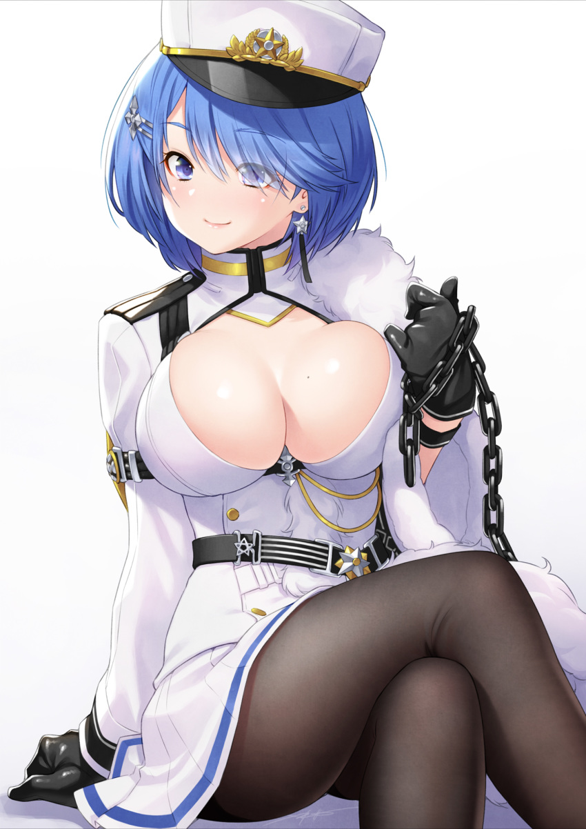 1girl aiguillette azur_lane bangs black_gloves black_legwear blue_eyes blue_hair blush breasts chain chapayev_(azur_lane) cleavage cleavage_cutout crossed_legs earrings gloves hair_ornament hairclip hat highres holding_chain jacket jewelry kazuma_muramasa large_breasts long_hair long_sleeves looking_at_viewer military_hat mole mole_on_breast pantyhose peaked_cap short_hair simple_background sitting smile solo swept_bangs thighs white_background white_headwear white_jacket