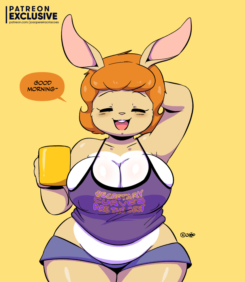 2020 anthro belly big_breasts blush bottomwear breasts buckteeth cleavage clothed clothing dialogue digital_media_(artwork) english_text eyes_closed female hair hand_behind_head hi_res holding_cup holding_object joaoppereiraus lagomorph laura_(joaoppereiraus) leporid mammal open_mouth open_smile orange_hair pink_nose rabbit short_hair signature simple_background smile solo speech_bubble talking_to_viewer teeth text topwear url wide_hips