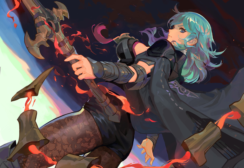 1girl armor black_shorts blue_eyes blue_hair byleth_(fire_emblem) byleth_(fire_emblem)_(female) closed_mouth fire_emblem fire_emblem:_three_houses from_side highres holding holding_sword holding_weapon james_ghio pantyhose short_shorts shorts solo sword weapon