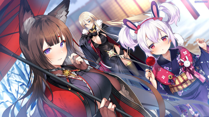 3girls alternate_costume amagi_(azur_lane) animal_ear_fluff animal_ears azur_lane bangs bismarck_(azur_lane) bismarck_(beacon_of_the_ironblood)_(azur_lane) black_dress black_gloves black_legwear blonde_hair blue_eyes blunt_bangs blush bow breasts breath brown_hair bunny_ears cleavage closed_mouth commentary_request double_bun dress elbow_gloves eyebrows_visible_through_hair fingerless_gloves floating_hair floral_print food fox_ears gloves hair_between_eyes hair_bow hairband holding holding_food japanese_clothes kimono kurot laffey_(azur_lane) laffey_(snow_rabbit_and_candied_apple)_(azur_lane) large_breasts long_hair long_sleeves looking_at_viewer multiple_girls obi open_mouth oriental_umbrella outdoors parted_lips partial_commentary print_kimono purple_eyes red_bow red_eyes red_hairband sash silver_hair smile thick_eyebrows thighhighs twitter_username umbrella very_long_hair wide_sleeves