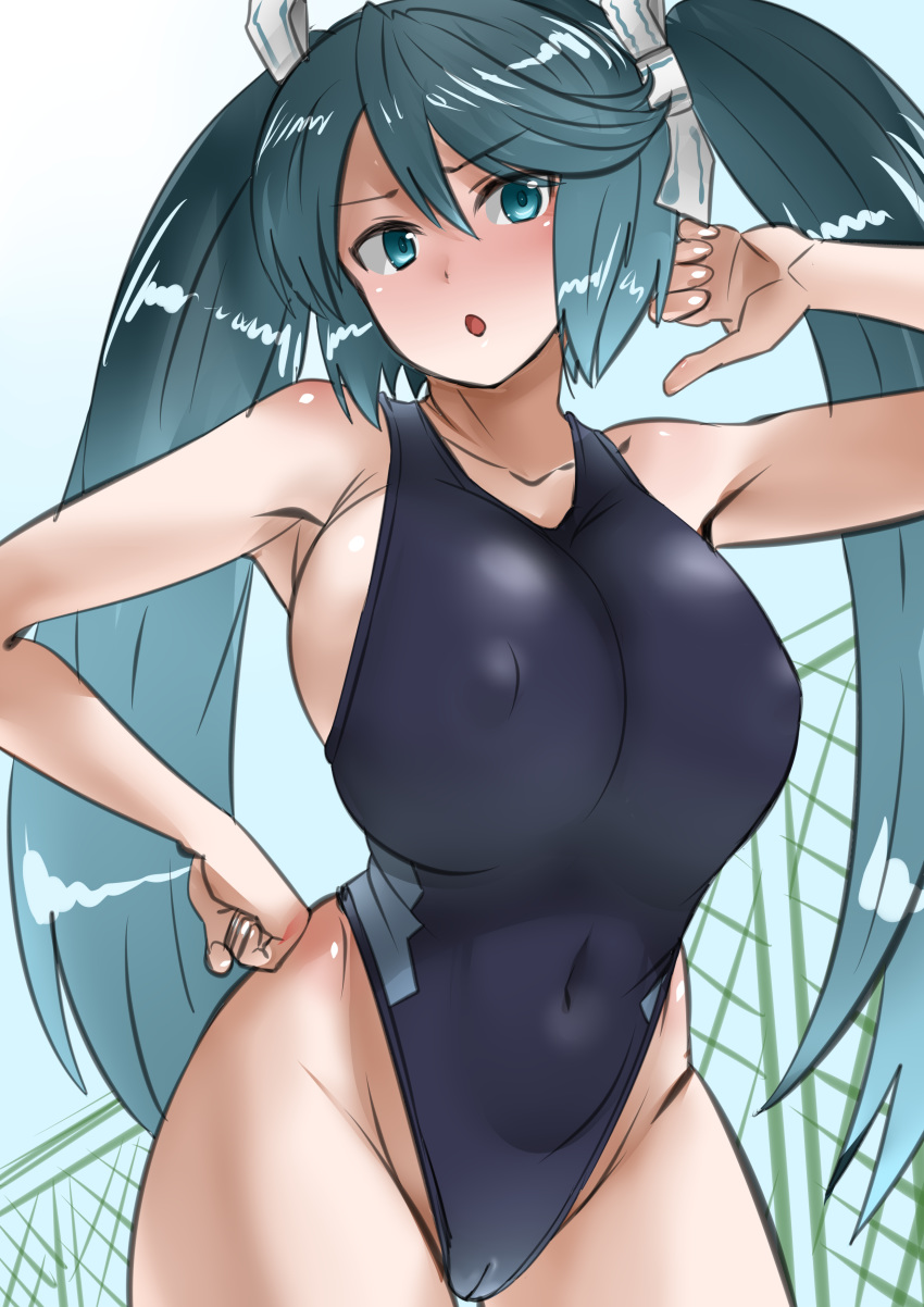 1girl 30-06 absurdres alternate_costume bare_shoulders blue_eyes blush breasts competition_swimsuit covered_nipples green_hair highres huge_breasts isuzu_(kantai_collection) kantai_collection long_hair looking_back one-piece_swimsuit solo swimsuit twintails