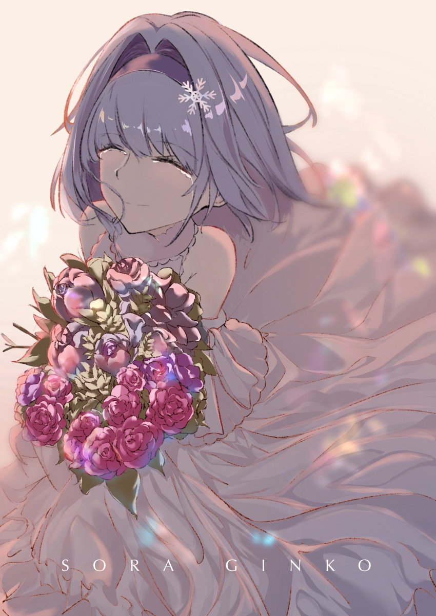 1girl absurdres bare_shoulders bouquet bride closed_eyes crying dress eyebrows_visible_through_hair flower hair_intakes hairband highres holding holding_bouquet ryuuou_no_oshigoto! short_hair silver_hair solo sora_ginko t.k.c wedding_dress