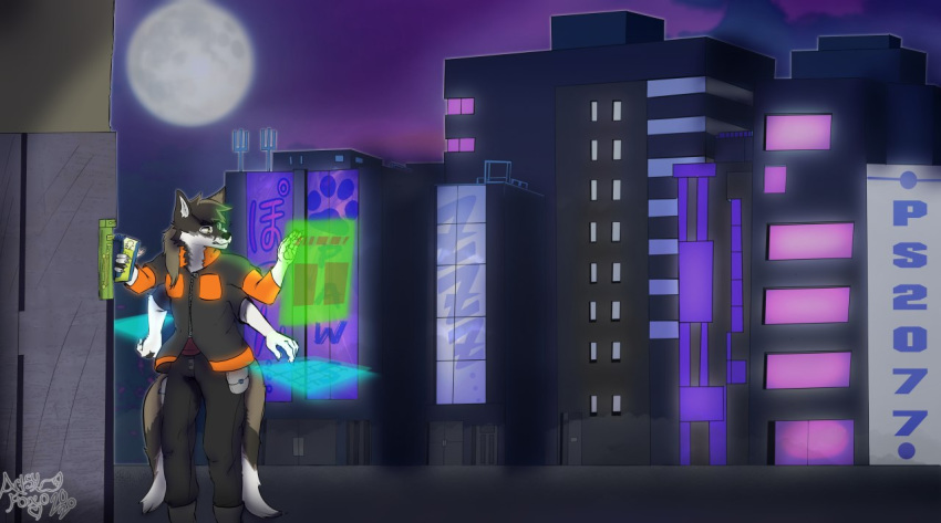 anthro artsyfoxo canid canine canis city clothed clothing fox holographic_interface hybrid male mammal multi_arm multi_limb multi_tail sevten solo standing wolf