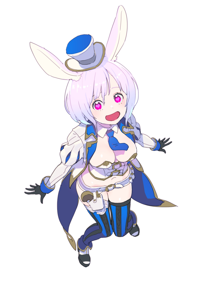 1girl :d animal_ears belt black_gloves blue_legwear blue_neckwear bow bowtie breasts bunny_ears coat collared_shirt detached_collar gloves hat heart heart-shaped_pupils highres juliet_sleeves large_breasts light_blush long_sleeves looking_at_viewer midriff mini_hat mini_top_hat nagisa_kurousagi navel open_clothes open_coat open_mouth original puffy_sleeves purple_eyes purple_hair shirt shoes short_hair simple_background smile solo striped striped_legwear symbol-shaped_pupils thighhighs top_hat vertical-striped_legwear vertical_stripes white_background white_belt wing_collar