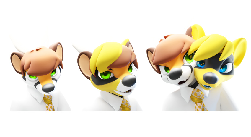 3d_(artwork) anthro canid canine collared_shirt conjoined digital_media_(artwork) drsouthpaws fox fusion hi_res male male/male mammal merging multi_head necktie splitting transformation unmerging