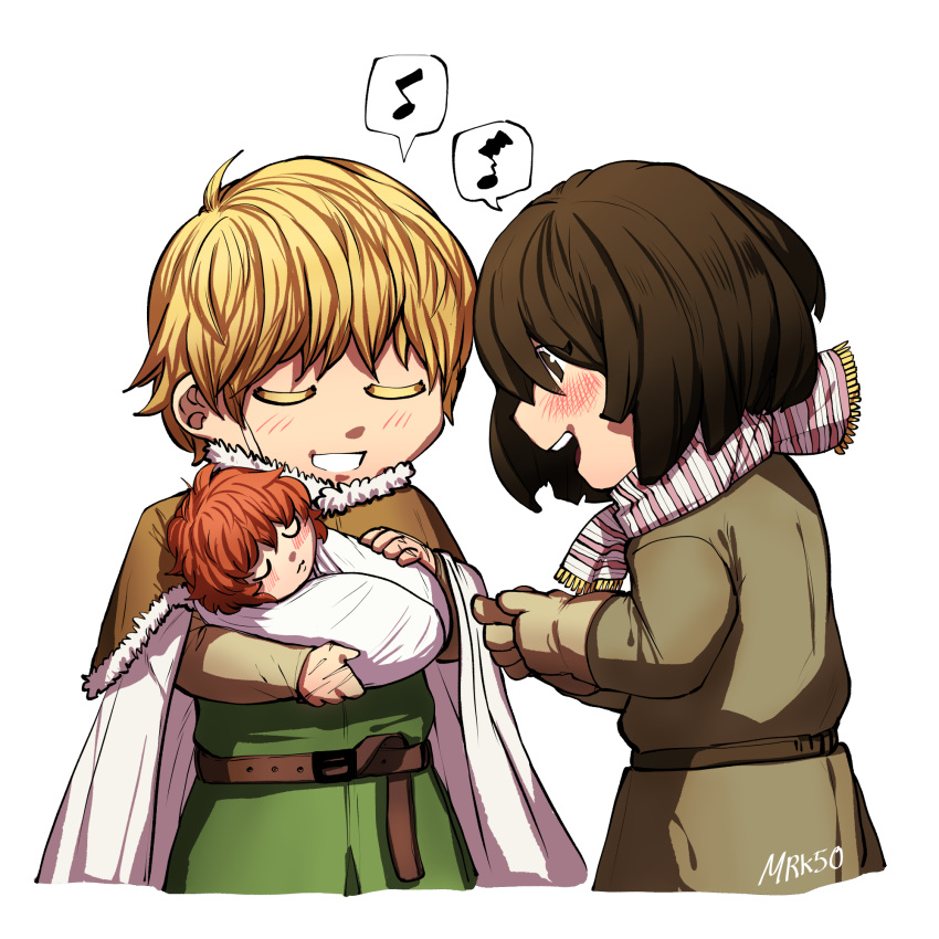 1girl 2boys baby blonde_hair brown_hair cape fur_trim gudrid highres holding_baby karli_(vinland_saga) mrk50 multiple_boys music red_hair short_hair singing spoilers thorfinn viking vinland_saga