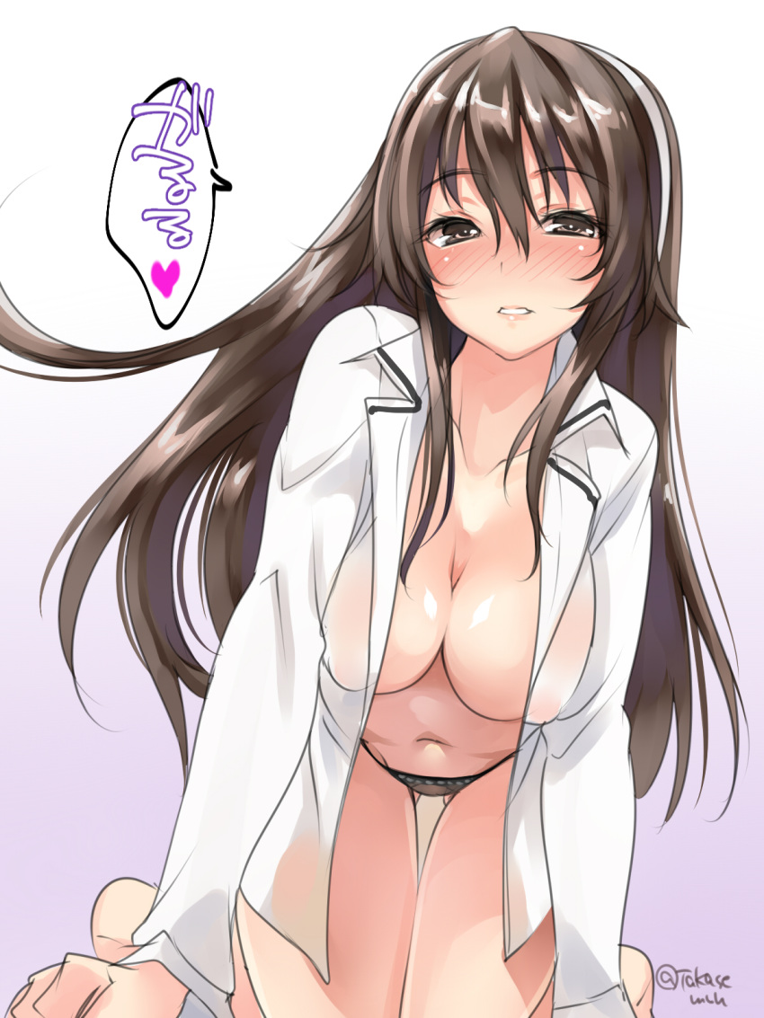 1girl ashigara_(kantai_collection) black_panties blush breasts brown_eyes brown_hair cleavage collared_shirt eyebrows_visible_through_hair highres kantai_collection large_breasts long_hair looking_at_viewer navel open_clothes open_shirt panties shirt simple_background solo takase_muu twitter_username underwear wavy_hair white_background white_shirt