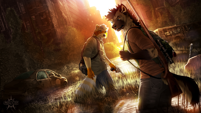 16:9 2020 5_fingers anthro city clothed clothing day detailed_background digital_media_(artwork) duo fingers gun hyaenid kero_tzuki male mammal outside procyonid raccoon ranged_weapon rifle sky spotted_hyena weapon