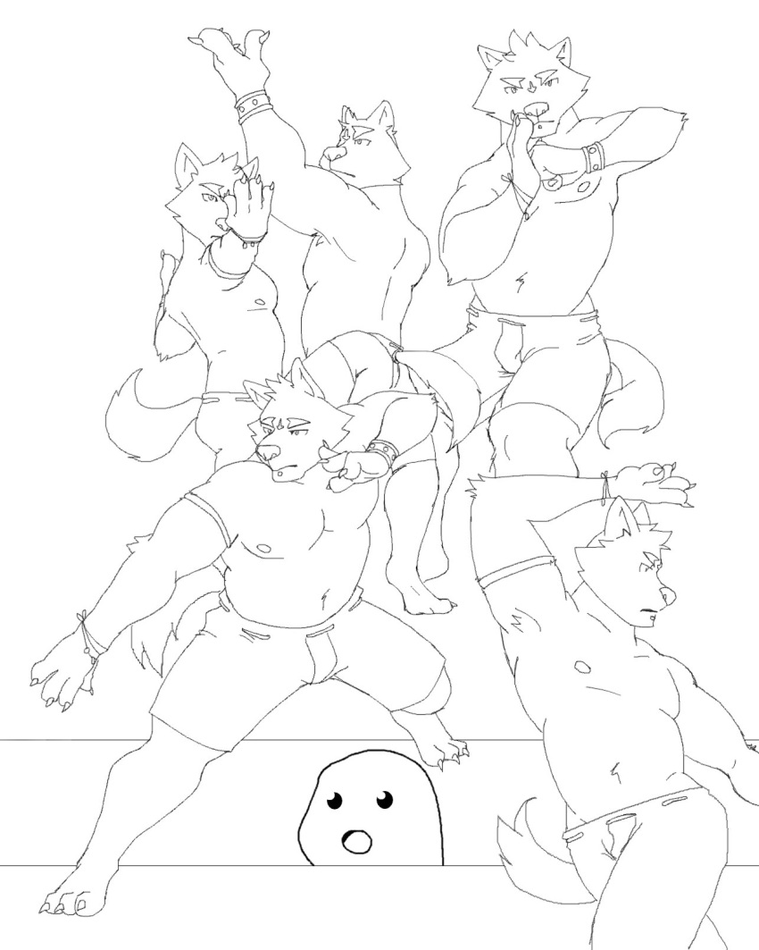 2020 adastra amicus_(adastra) anthro biceps bottomwear canid canine canis claws clothed clothing digital_media_(artwork) echo_project fangs fight fur happy hi_res jewelry male mammal monochrome musclegut muscular muscular_male navel nipples olkl1234 pants parody pecs piercing pose royalty simple_background sketch smile solo topless white_background wolf