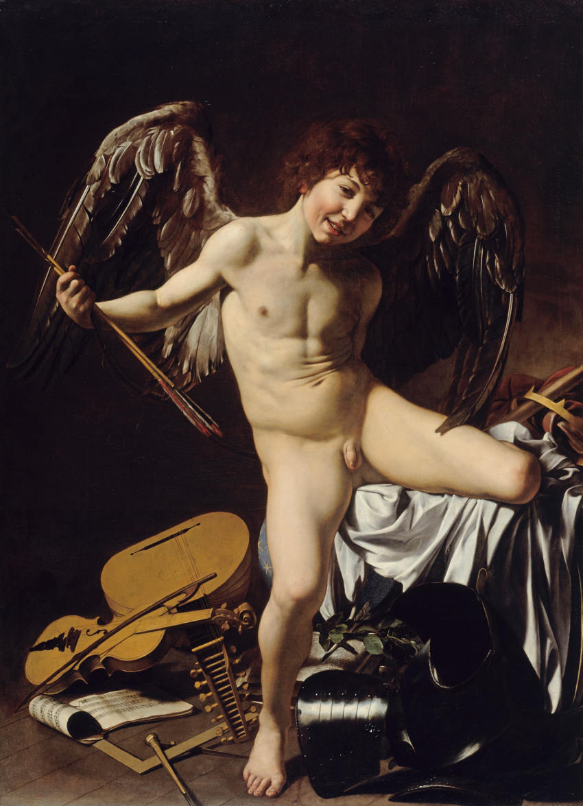 absurd_res angel angelic animal_humanoid barefoot biped caravaggio_(artist) detailed detailed_background english_text feathered_wings feathers fingers genitals hair hi_res humanoid looking_at_viewer male mythology nipples nude oil_painting_(artwork) painting_(artwork) penis proper_art public_domain smile solo text traditional_media_(artwork) wings