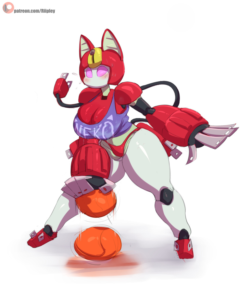 2019 absurd_res anthro ball basketball_(ball) big_breasts big_butt blush bodily_fluids bottomless breasts butt clothed clothing crop_top digital_media_(artwork) empty_eyes featureless_breasts felid female hi_res huge_breasts machine mammal medabots not_furry peppercat plug red_body riipley robot shirt simple_background small_waist solo sweat text thick_thighs topwear url white_body wide_hips