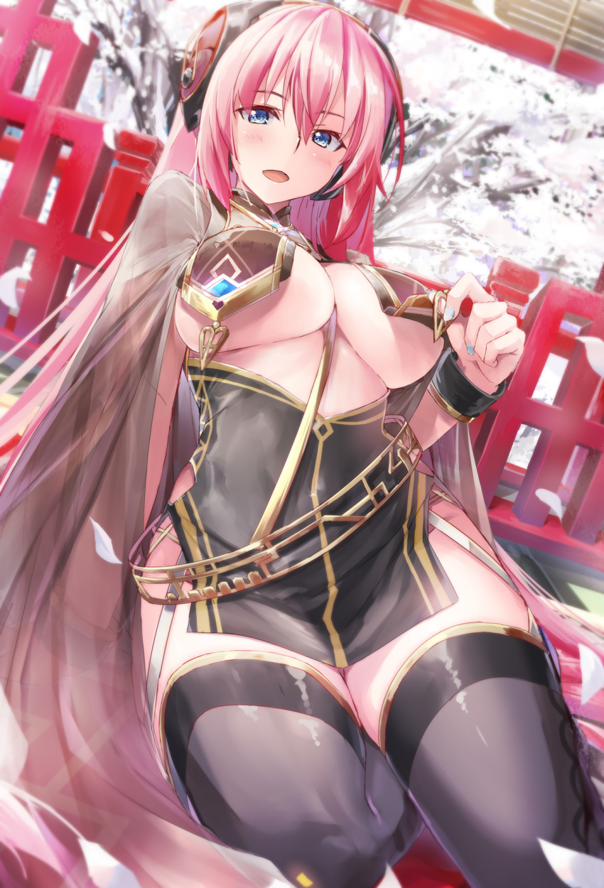 1girl alternate_costume aqua_nails azur_lane between_breasts black_keys blue_eyes breasts commentary_request daidou_(demitasse) eyebrows_visible_through_hair hair_between_eyes headphones headset highres large_breasts long_hair looking_at_viewer megurine_luka nail_polish open_mouth pink_hair sirius_(azure_horizons)_(azur_lane) sitting solo thighhighs vocaloid