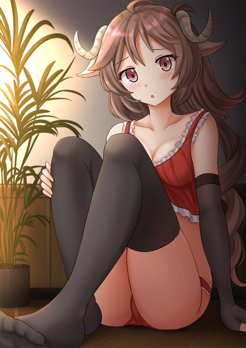 1girl :o animal_ears arknights bare_shoulders black_gloves black_legwear blush breasts brown_hair cleavage collarbone commentary crop_top curled_horns elbow_gloves eyjafjalla_(arknights) fingerless_gloves frills gloves highres horns indoors kazenokaze knees_up long_hair looking_at_viewer medium_breasts no_shoes on_floor panties parted_lips plant potted_plant red_eyes red_panties sheep_ears sheep_horns sitting solo thighhighs underwear underwear_only very_long_hair wooden_floor